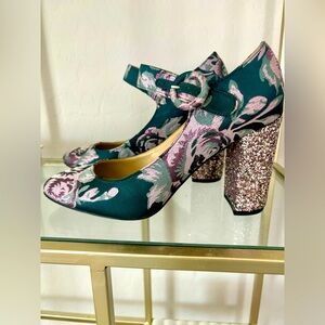 Marc Fisher Shaylie Jacquard Floral Print Glitter Block Maryjane Heels (8.5)
